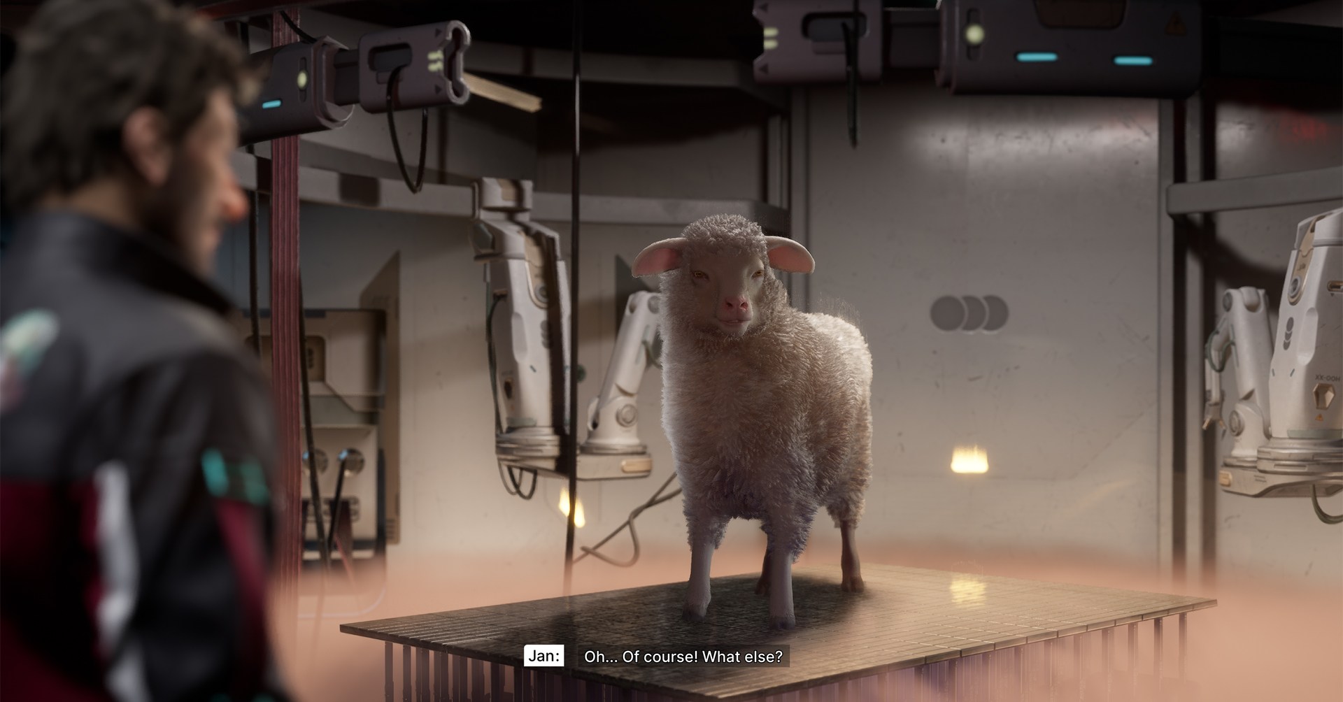 Jan Dolski looking at a sheep in The Alters.