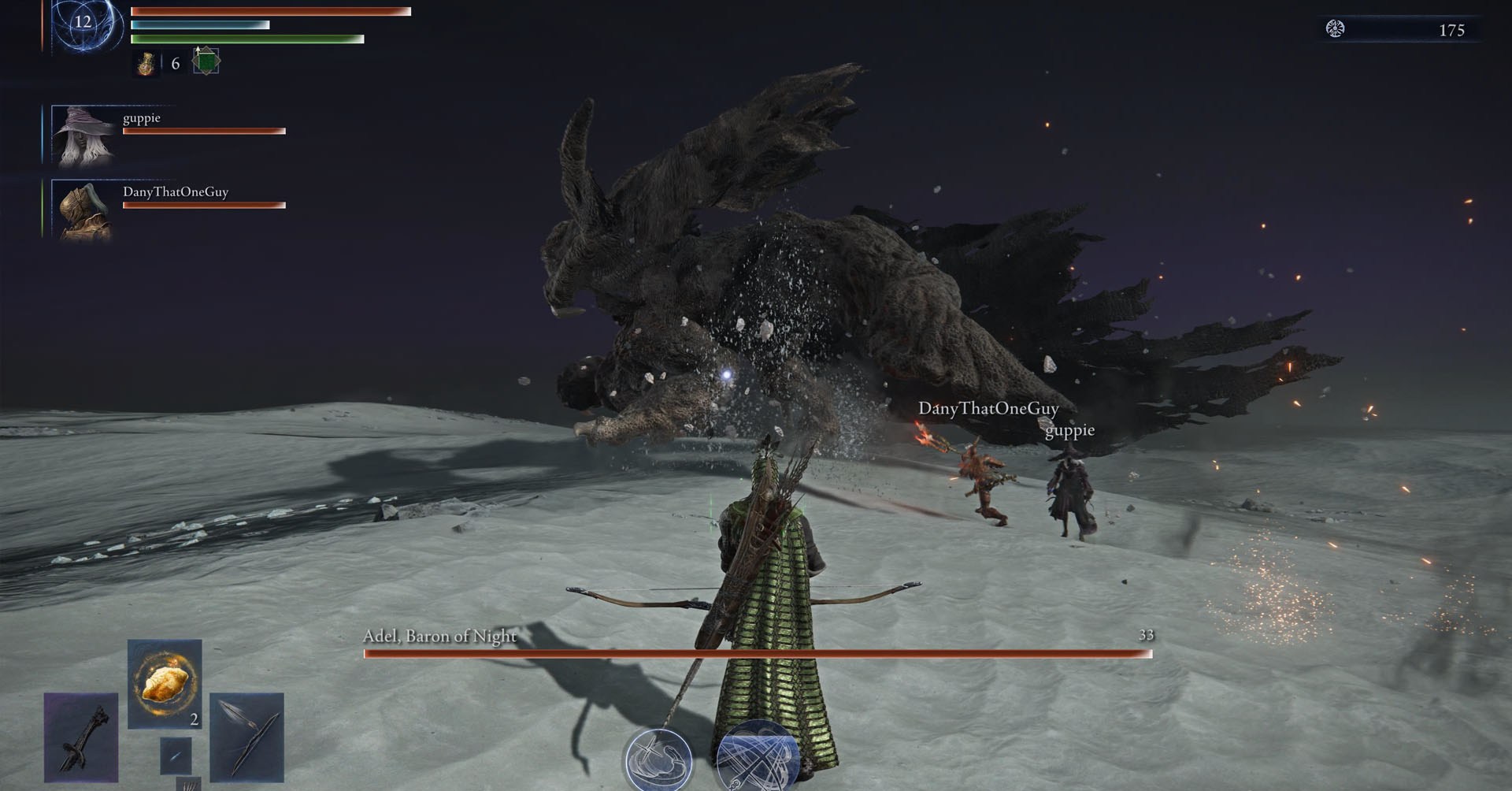 An Elden Ring Nightreign screenshot showing Adel, Baron of Night. They seem like a mixture of a featherless chicken and a hippo.