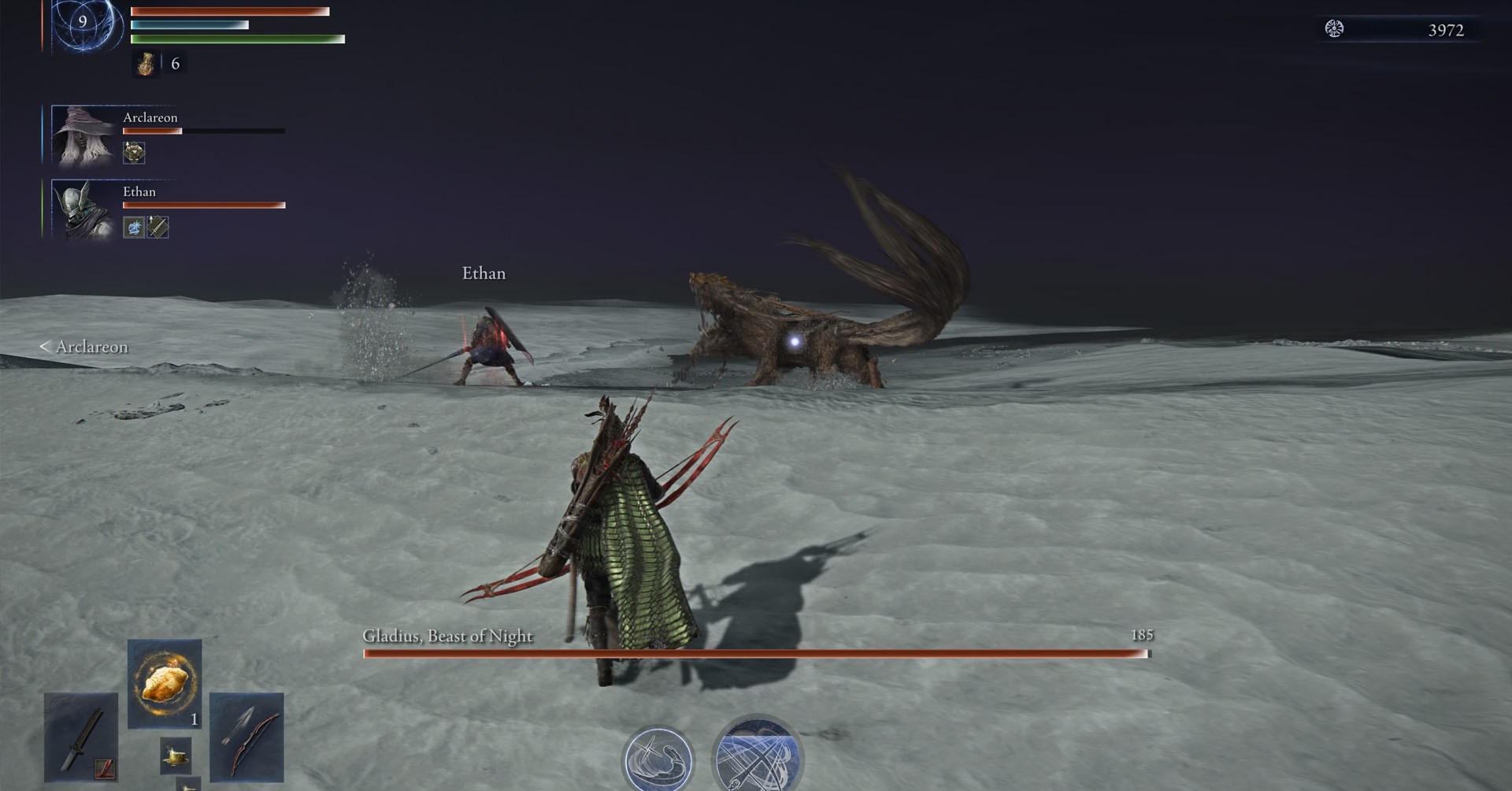 An Elden Ring Nightreign screenshot showing the a group of players fighting Gladius, Beast of Night, the first Nightlord available in the game.