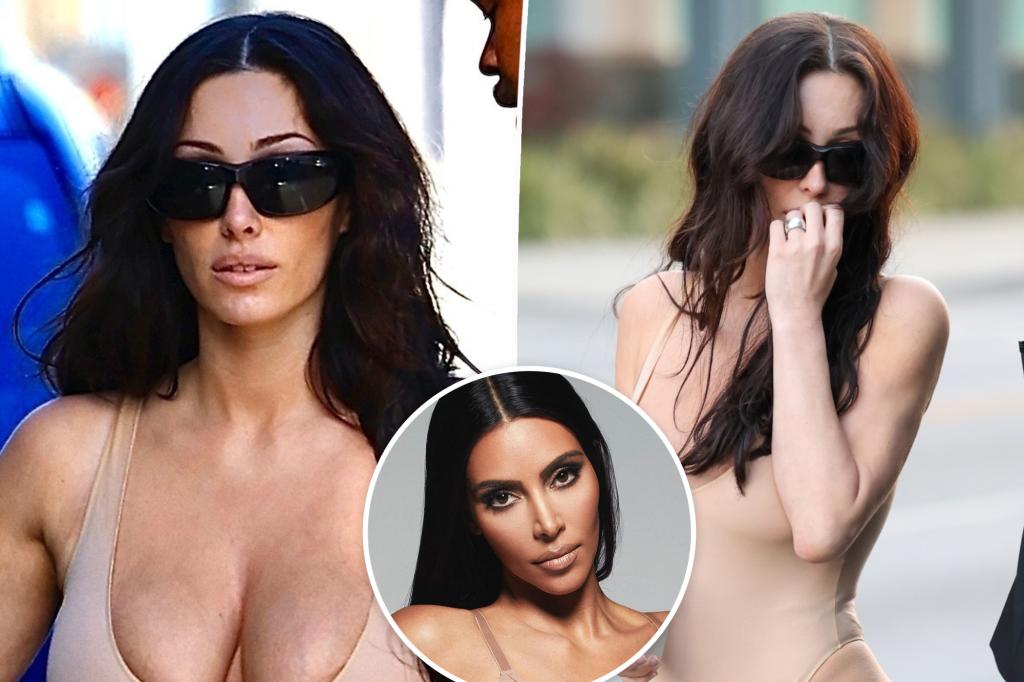 Bianca Censori looks like Kim Kardashian’s twin in nude bodysuit and knee-high fur boots