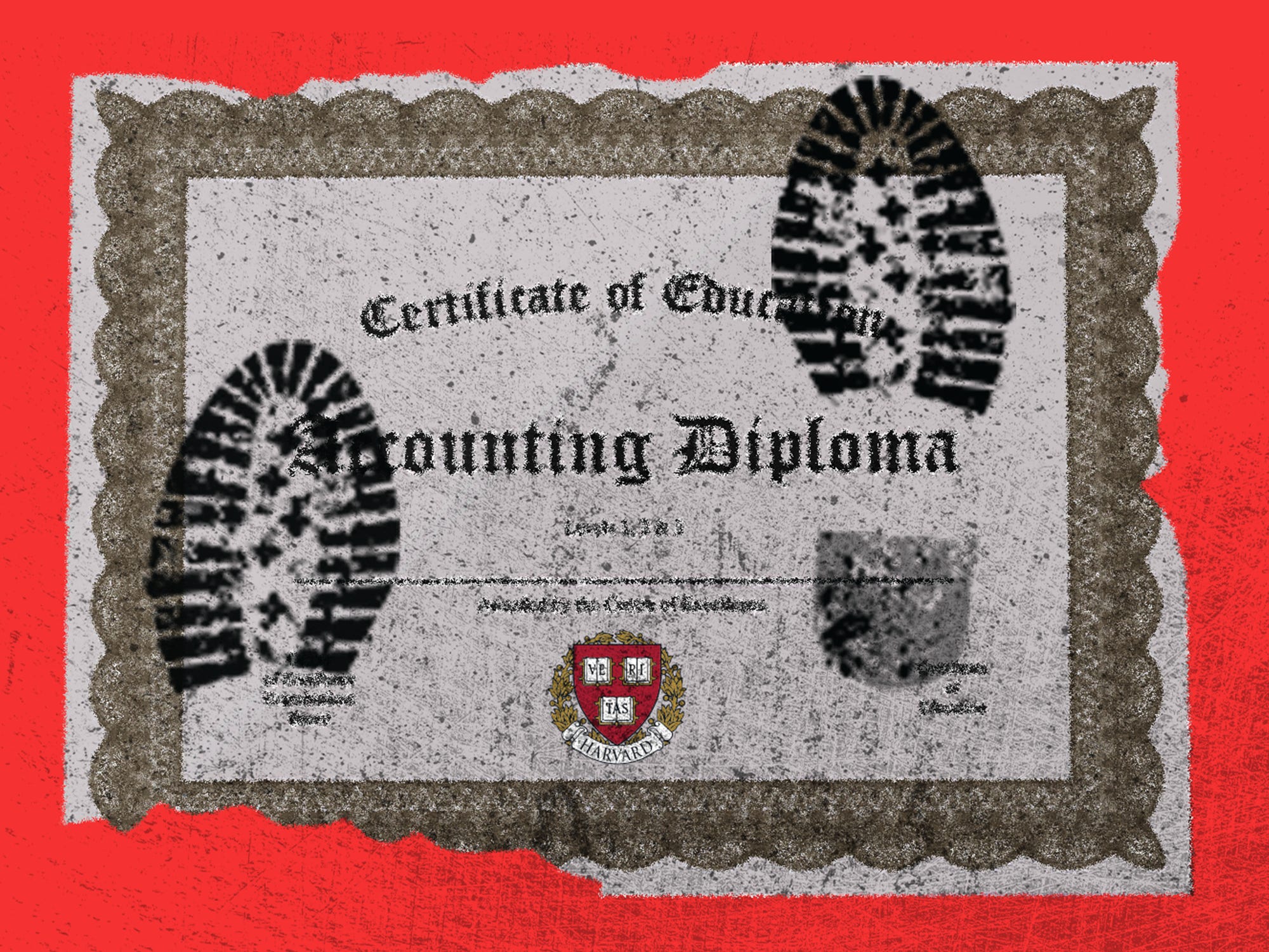 Dirty and distressed Harvard diploma with foot steps on it, on a red background