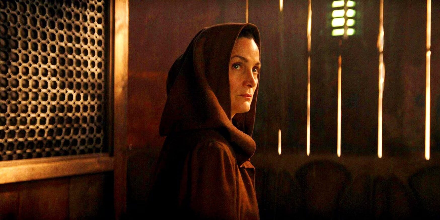 Carrie-Anne Moss wearing a hood