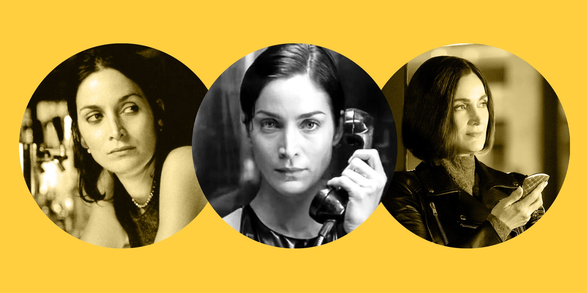 Three photos of Carrie Ann Moss in circles. The middle one is from The Matrix, Fubar on the right and Memento on the left