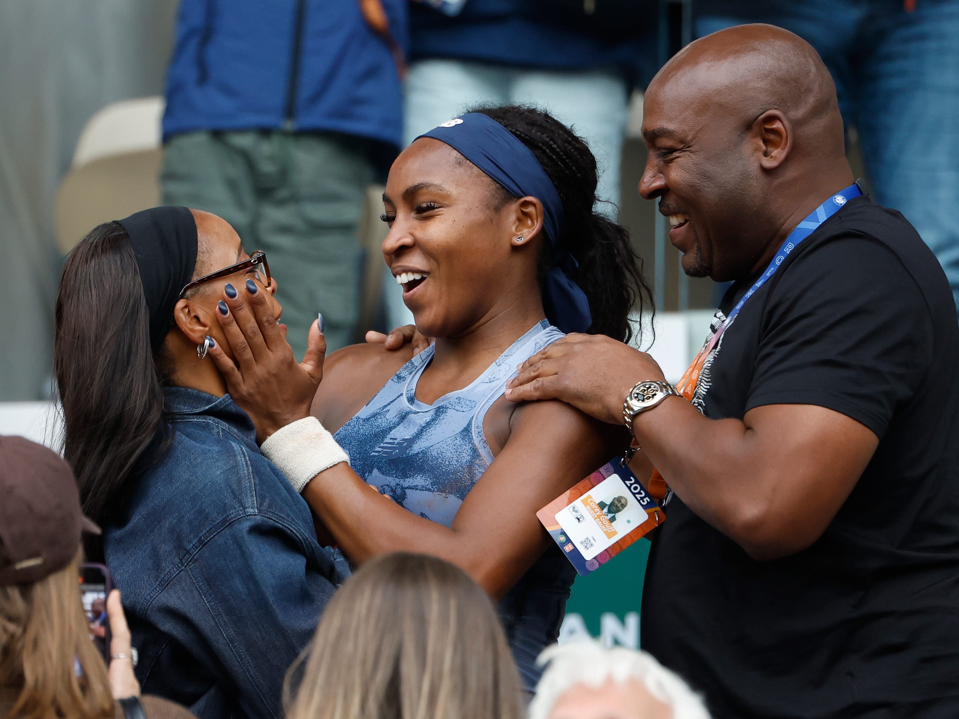 Coco Gauff at the French Open with her parents, Candi Gauff and Corey Gauff.