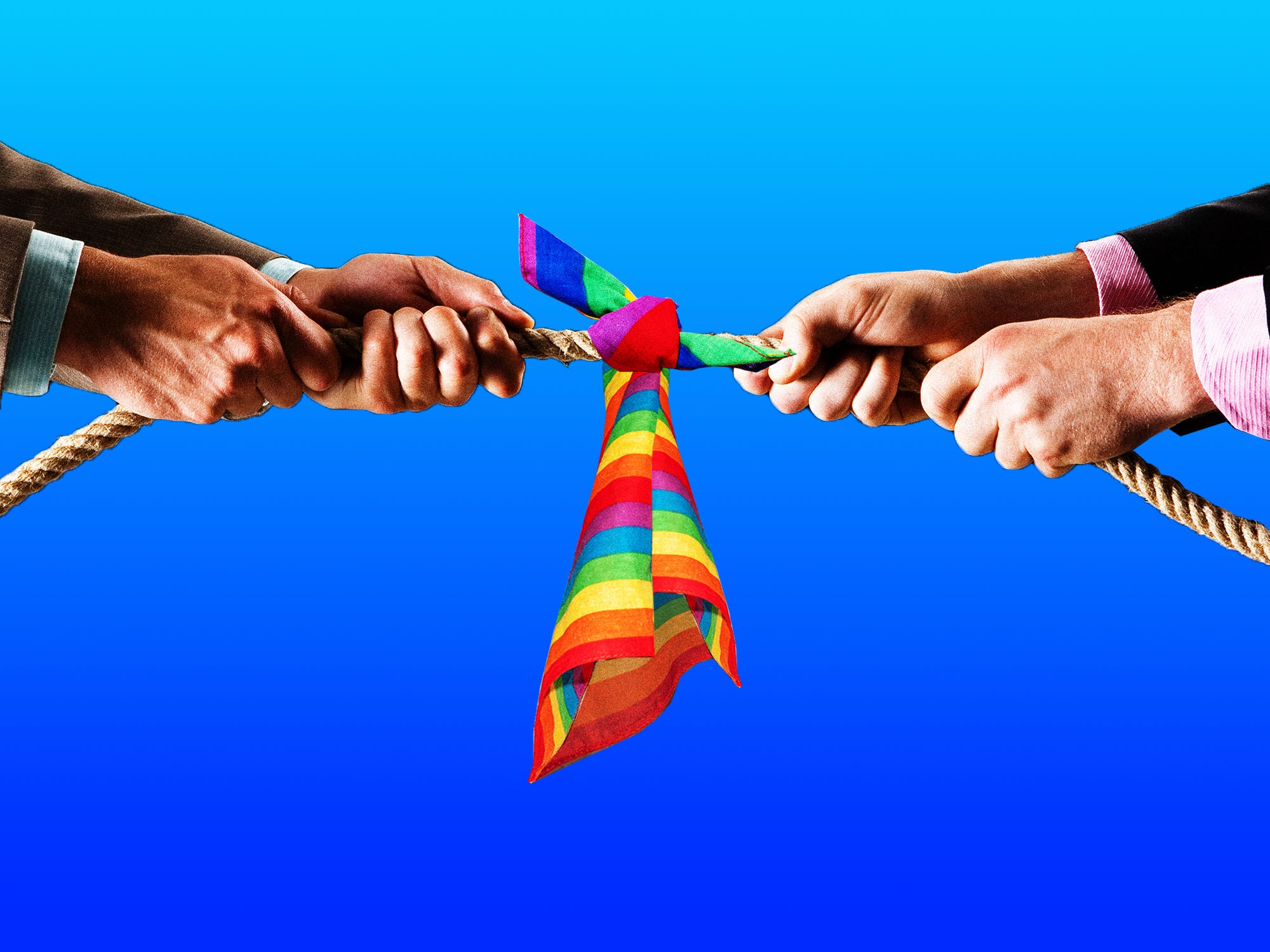 Two business men tugging a rope with a pride flag in the middle