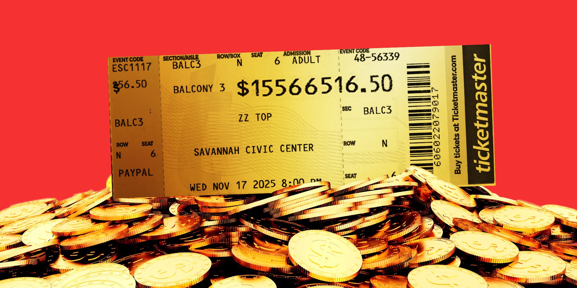 Gold expensive ticket on a pile of gold coins on a red background