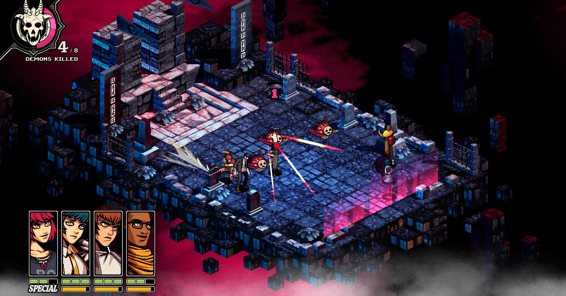 A screenshot of the battlefield in Demonschool, which depicts an isometric view of various combatants doing battle on a stone structure