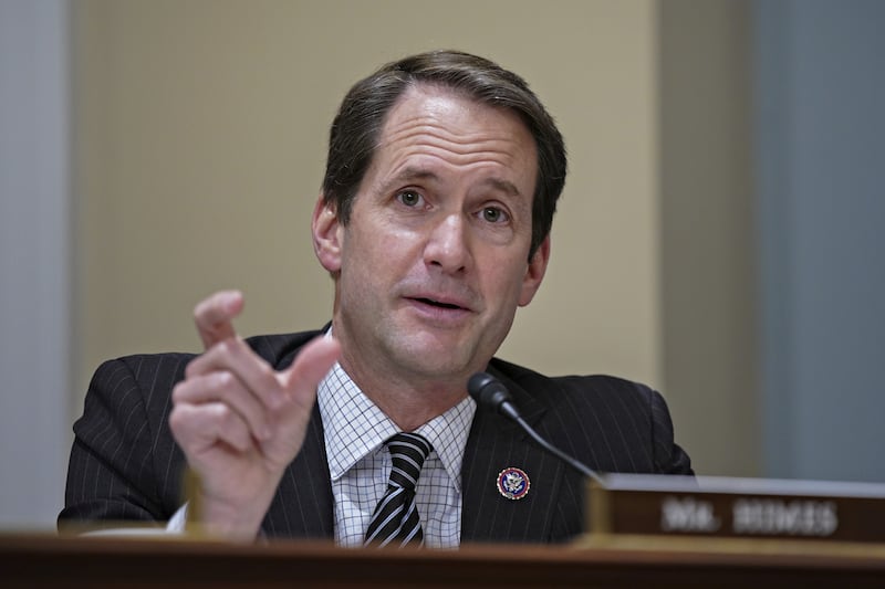 Representative Jim Himes (D-CT) gestures as he speaks during a House Intelligence Committee hearing on worldwide threats, in Washington, D.C., U.S., April 15, 2021. Al Drago/Pool via REUTERS
