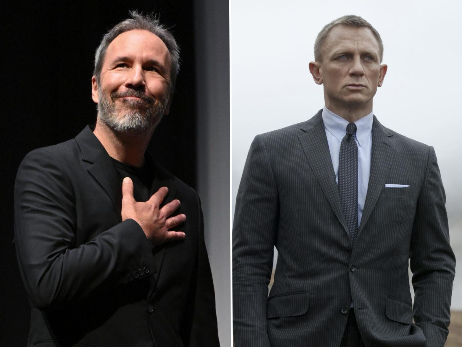 A split image of two men. On the left, the middle-aged man has gray and black hair and a matching beard. He's wearing a black suit and has his hand on his chest. On the right, the clean-shaven man has short light hair and is wearing a dark grey pinstripe suit with a light blue shirt and checked tie.