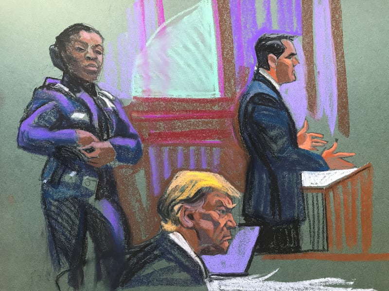US President Donald Trump during his hush money trial, as drawn by courtroom sketch artist Christine Cornell