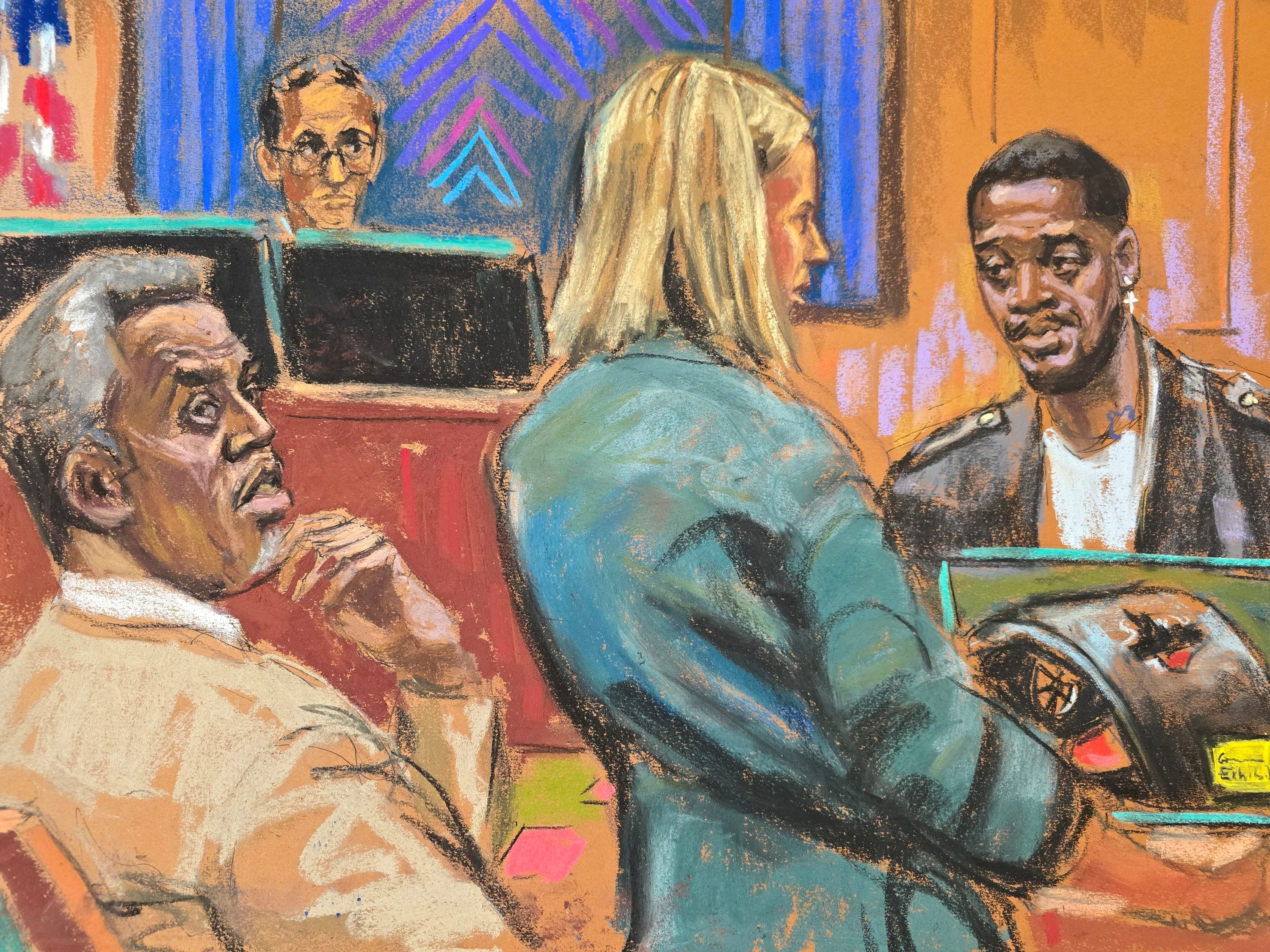 A courtroom sketch of Kid Cudi, left, testifying at Sean 