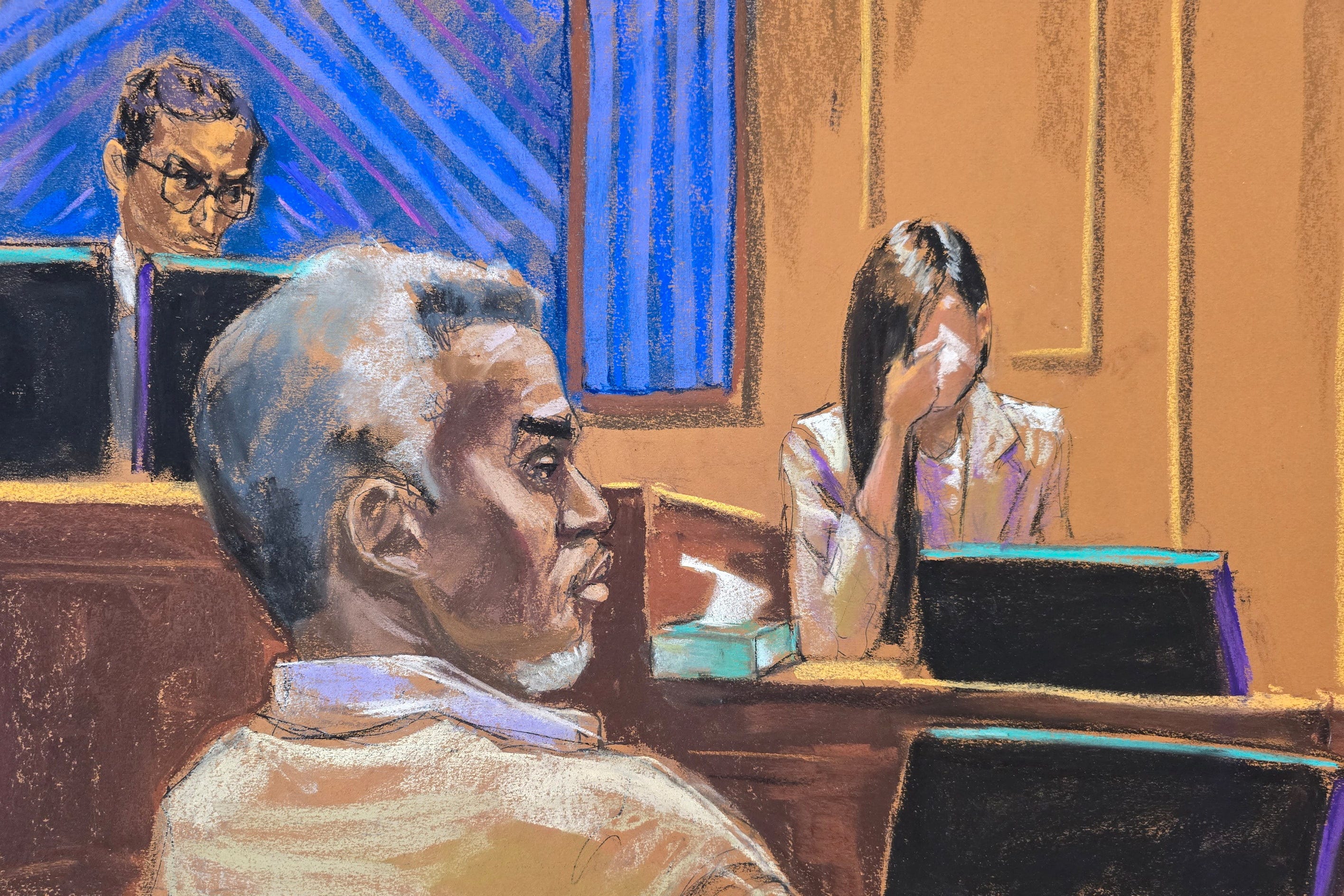 This courtroom sketch shows Sean "Diddy" Combs listening as "Jane," his second and final sex-trafficking accuser, testifies at his federal trial in Manhattan.