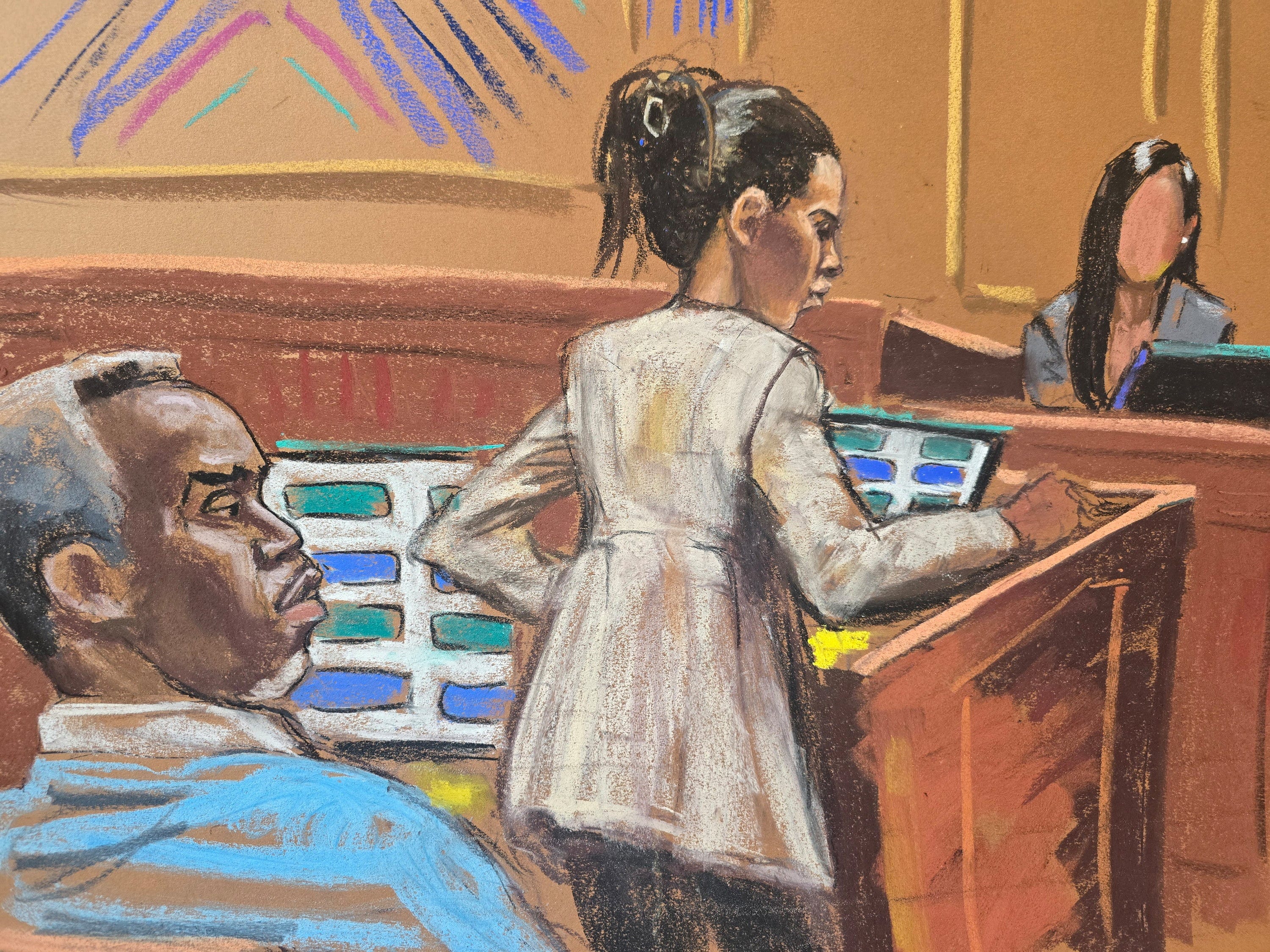 This courtroom sketch shows Sean "Diddy" Combs watching as his lawyer, Teny Geragos, cross-examines "Jane," a sex-trafficking accuser, at his federal trial in Manhattan.