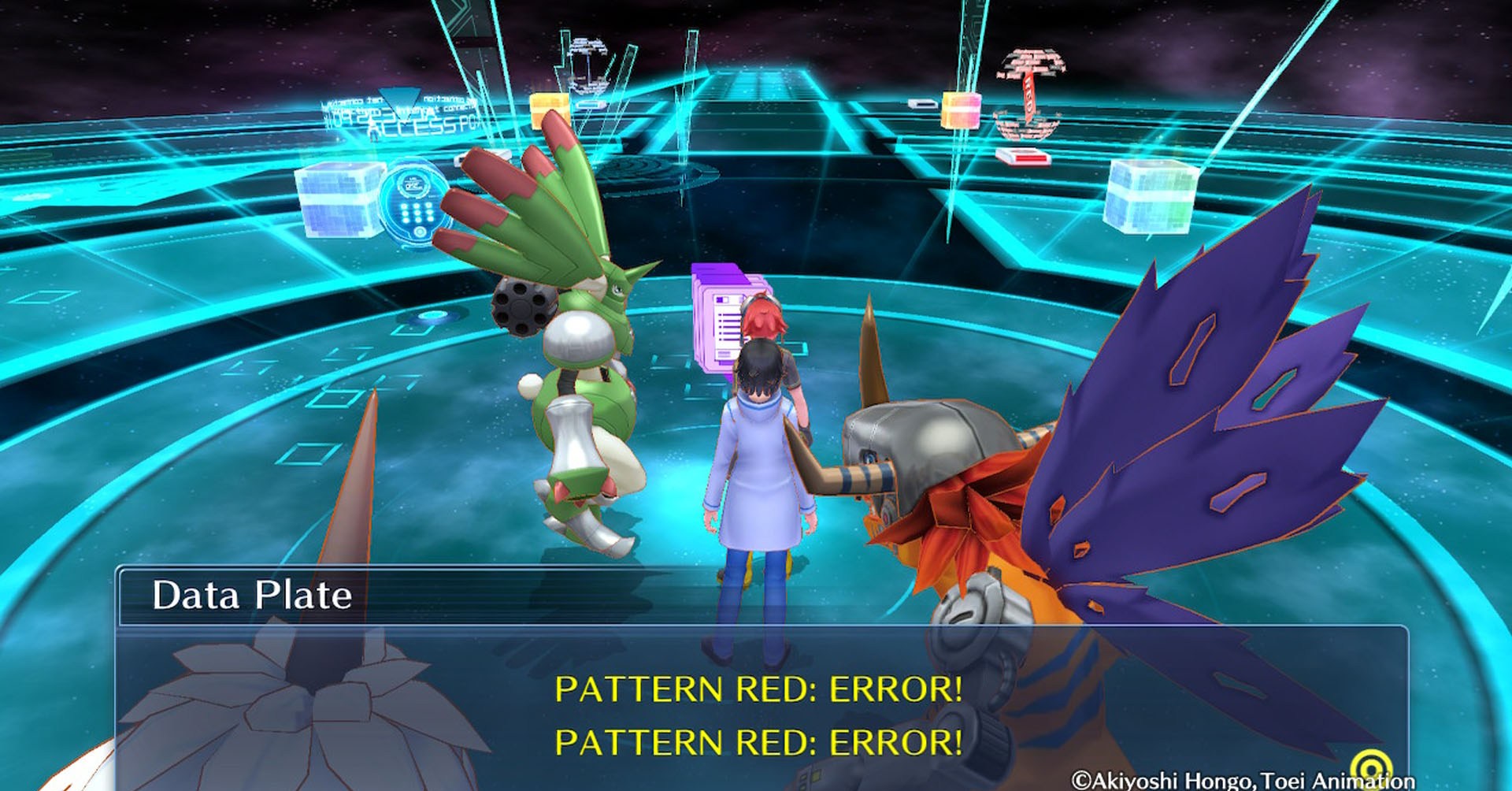 Two characters followed by three digimon. 