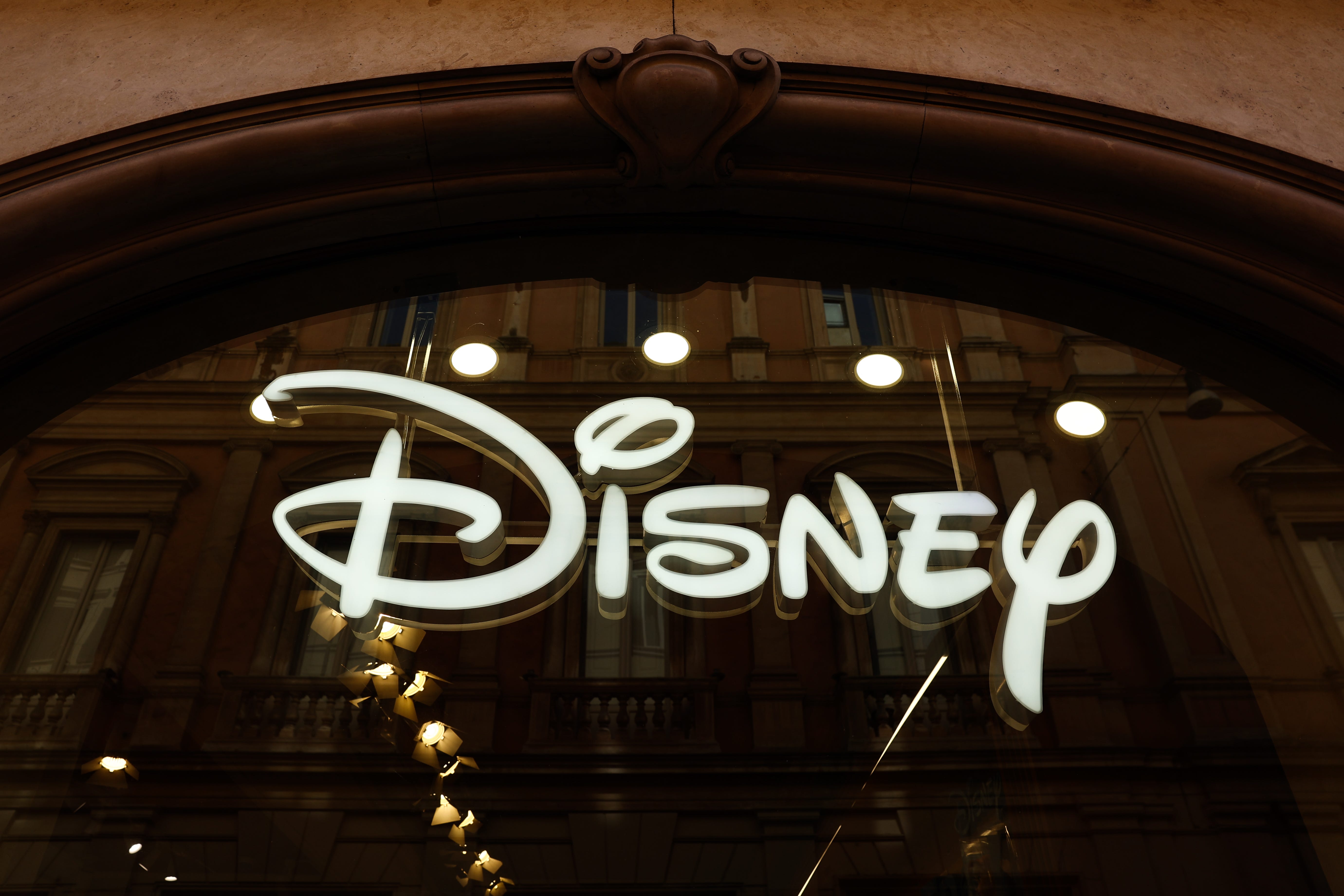 Disney logo is seen on the store in Rome, Italy on May 10, 2025. (Photo by Jakub Porzycki/NurPhoto via Getty Images)