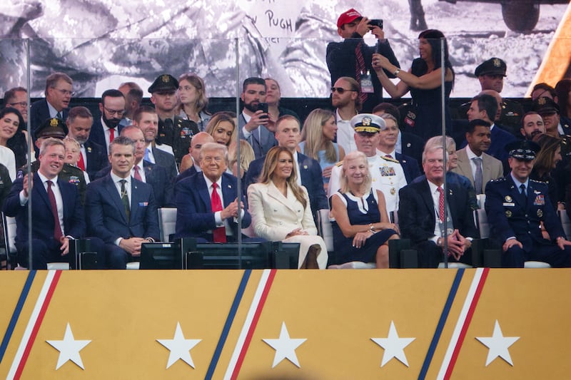 Daniel Driscoll, secretary of the Army, left, Pete Hegseth, Secretary of defense, President Donald Trump, and First Lady Melania Trump watch during the U.S. Army's 250th birthday parade on June 14, 2025 in Washington, DC.