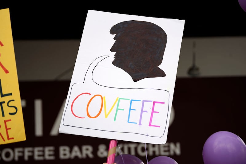 A LA Pride Resist March in 2017 references Trump's Covfefe tweet mishap.