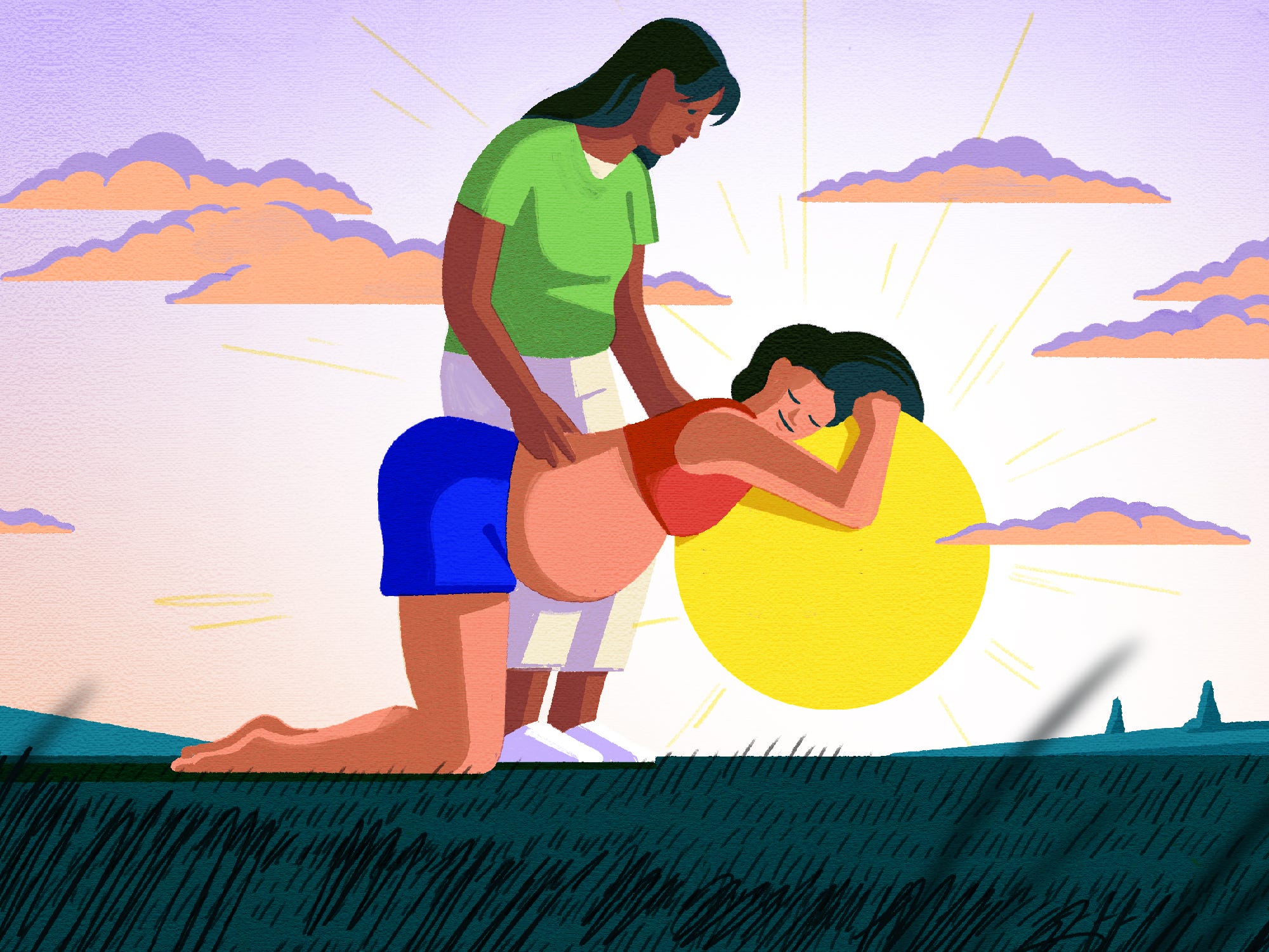 A doula supporting a pregnant mom in a relaxed pose, with her head resting gently on a sun.