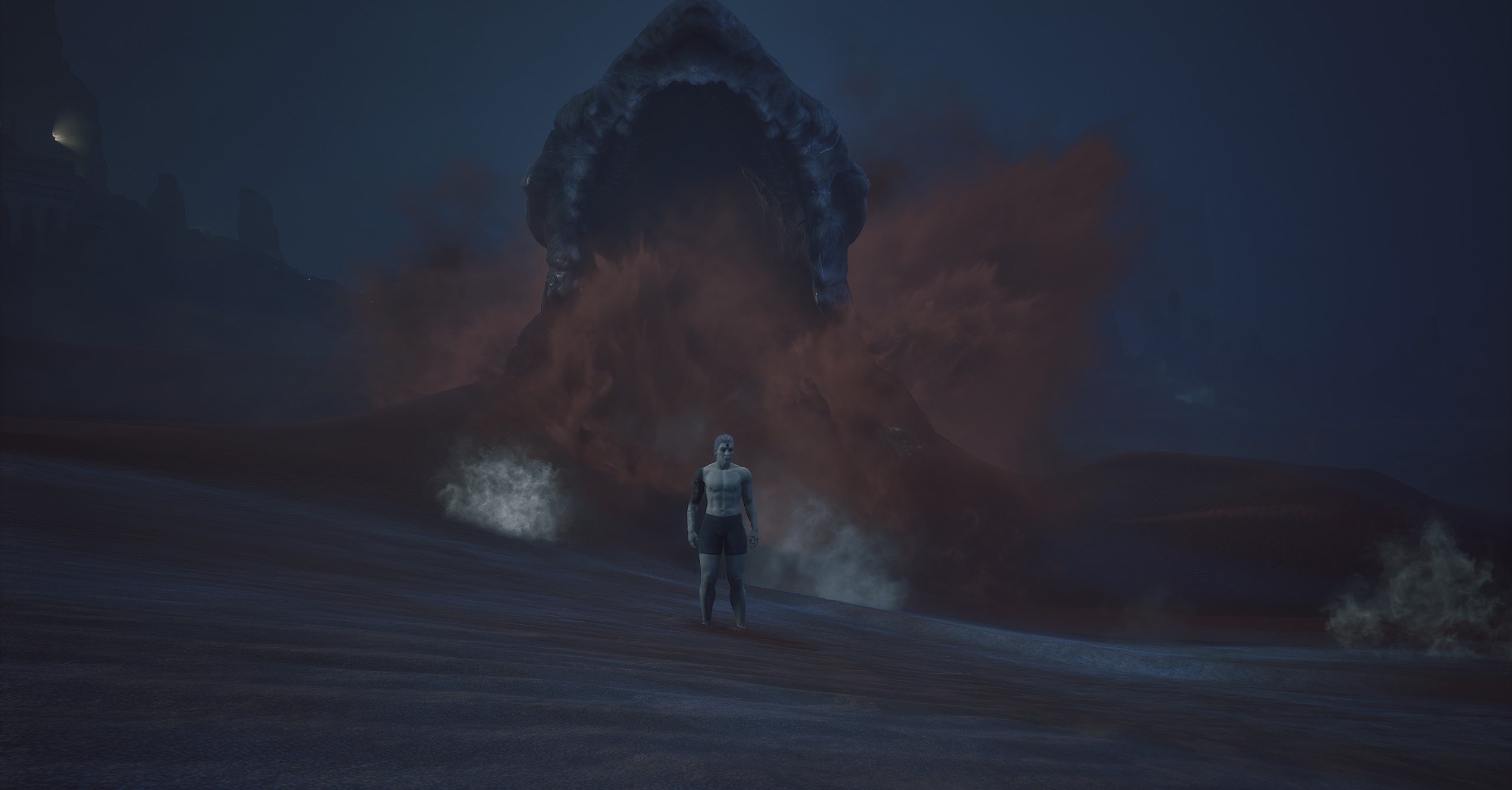 A sandworm rapidly approaching a player character in Dune Awakening