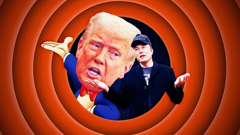 A photo illustration of Donald Trump as Porky Pig and Elon Musk.