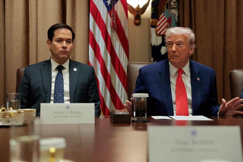 WASHINGTON, DC - APRIL 10: U.S. Secretary of State Marco Rubio speaks alongside U.S. President Donald Trump during a Cabinet meeting at the White House on April 10, 2025 in Washington, DC. President Trump convened a Cabinet meeting a day after announcing a 90-day pause on ‘reciprocal’ tariffs, with the exception of China. (Photo by Anna Moneymaker/Getty Images)