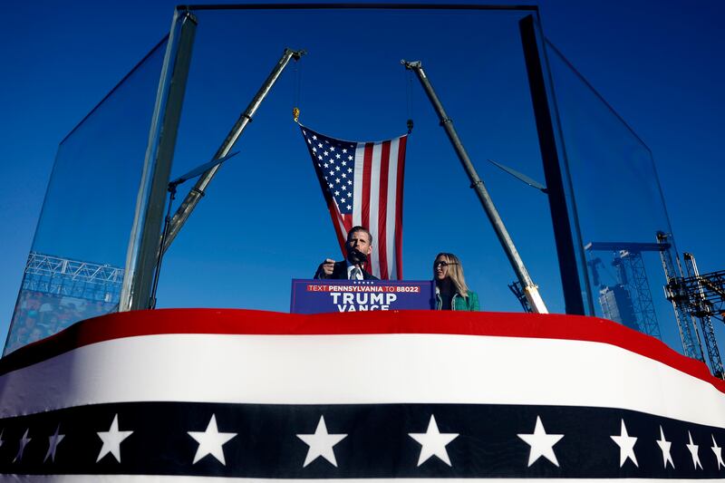 Eric Trump and his wife, Lara Trump, speak at a Trump-Vance rally—Lara served as the co-chair of the Republican National Committee in 2024.