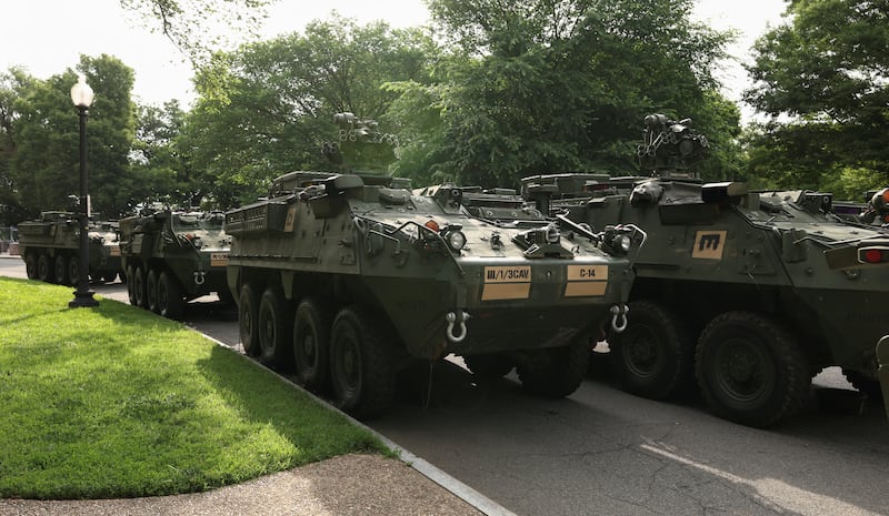 Stryker combat vehicles are parked in West Potomac Park ahead of the upcoming U.S. Army 250th anniversary celebration parade in Washington, D.C., U.S., June 10, 2025.  REUTERS/Kevin Lamarque