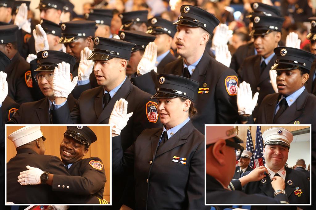 FDNY promotes 84 at EMS ceremony, including hero dad awarded for cop rescue