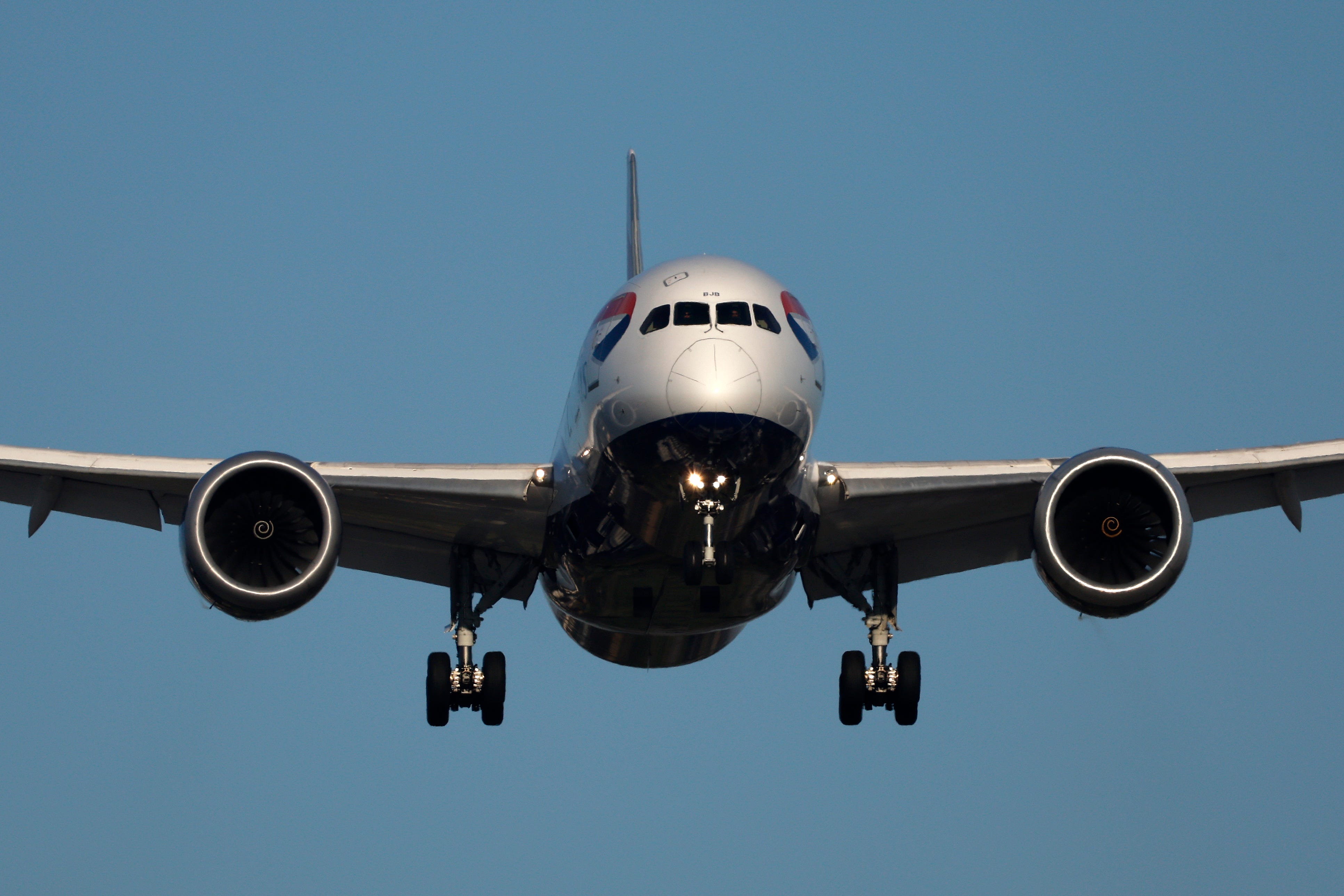 A front-on image of a British Airways Boeing 787 plane.