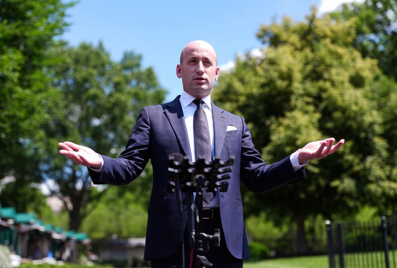 WASHINGTON, DC - MAY 30: White House Deputy Chief of Staff Stephen Miller speaks to the media outside the White House on May 30, 2025 in Washington, DC. Miller spoke out against the recent court ruling that blocked the Trump administration's attempt to prevent Harvard University from enrolling foreign students. (Photo by Kevin Dietsch/Getty Images)