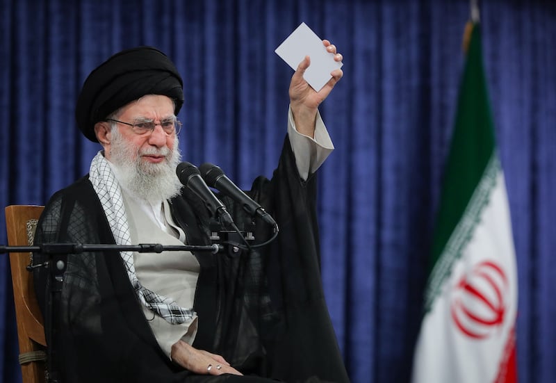 TEHRAN, IRAN - MAY 20: (----EDITORIAL USE ONLY - MANDATORY CREDIT - 'IRANIAN LEADER PRESS OFFICE / HANDOUT' - NO MARKETING NO ADVERTISING CAMPAIGNS - DISTRIBUTED AS A SERVICE TO CLIENTS----) Iranian Supreme Leader Ayatollah Ali Khamenei makes the remarks during a ceremony marking the first anniversary of the death of former Iranian President Ebrahim Raisi, who died in a helicopter crash in northern Iran last year, in Tehran, Iran, on May 20, 2025. Iran's Supreme Leader Ayatollah Ali Khamenei said Tuesday that he does not believe the ongoing indirect nuclear negotiations between Tehran and Washington will lead to
