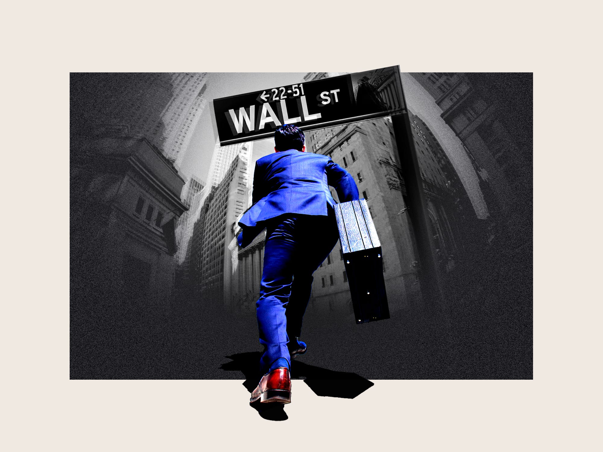 Junior Wall Street professional running toward blurry Wall Street buildings.