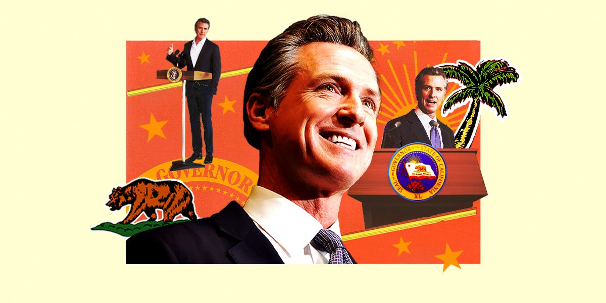 Photo collage highlighting California, governor Gavin Newsom political career