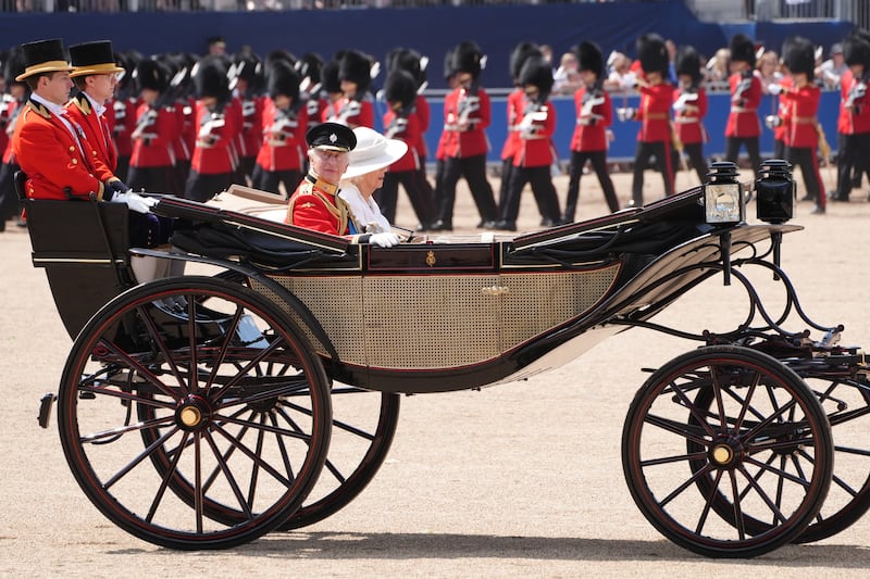 King Charles III and Queen Camilla during the Trooping the Colour ceremony at Horse Guards Parade, central London, in celebration of King Charles III's official birthday. Picture date: Saturday June 14, 2025. (Photo by Jonathan Brady/PA Images via Getty Images)