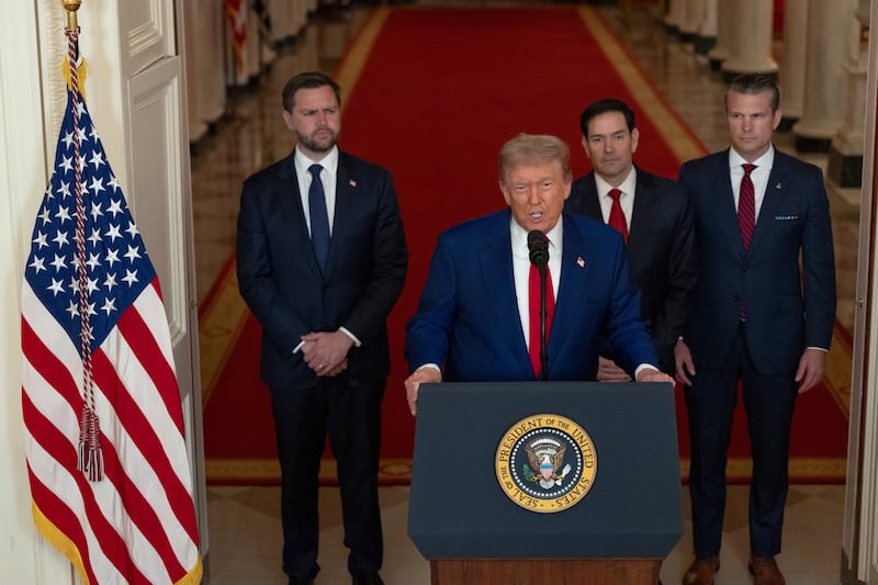 U.S. President Donald Trump delivers an address to the nation alongside U.S. Vice President JD Vance, U.S. Secretary of State Marco Rubio and U.S. Defense Secretary Pete Hegseth at the White House in Washington, D.C., U.S. June 21, 2025, following U.S. strikes on Iran's nuclear facilities.