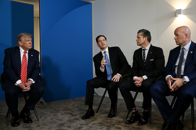 Secretary of State Marco Rubio speaks alongside President Trump, Defense Secretary Pete Hegseth, and Ambassador to NATO Matthew Whitaker—Rubio accused leakers of being “professional stabbers” at the press conference.