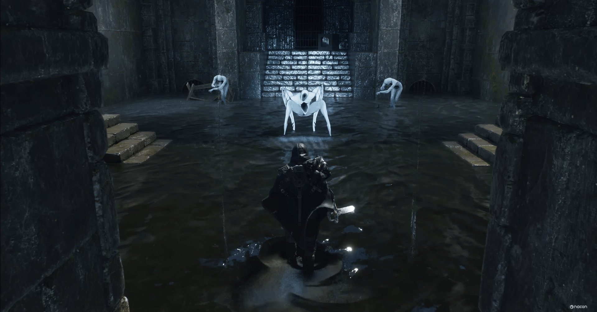 Creepy white enemies approach in a dark dungeon in Hell Is Us
