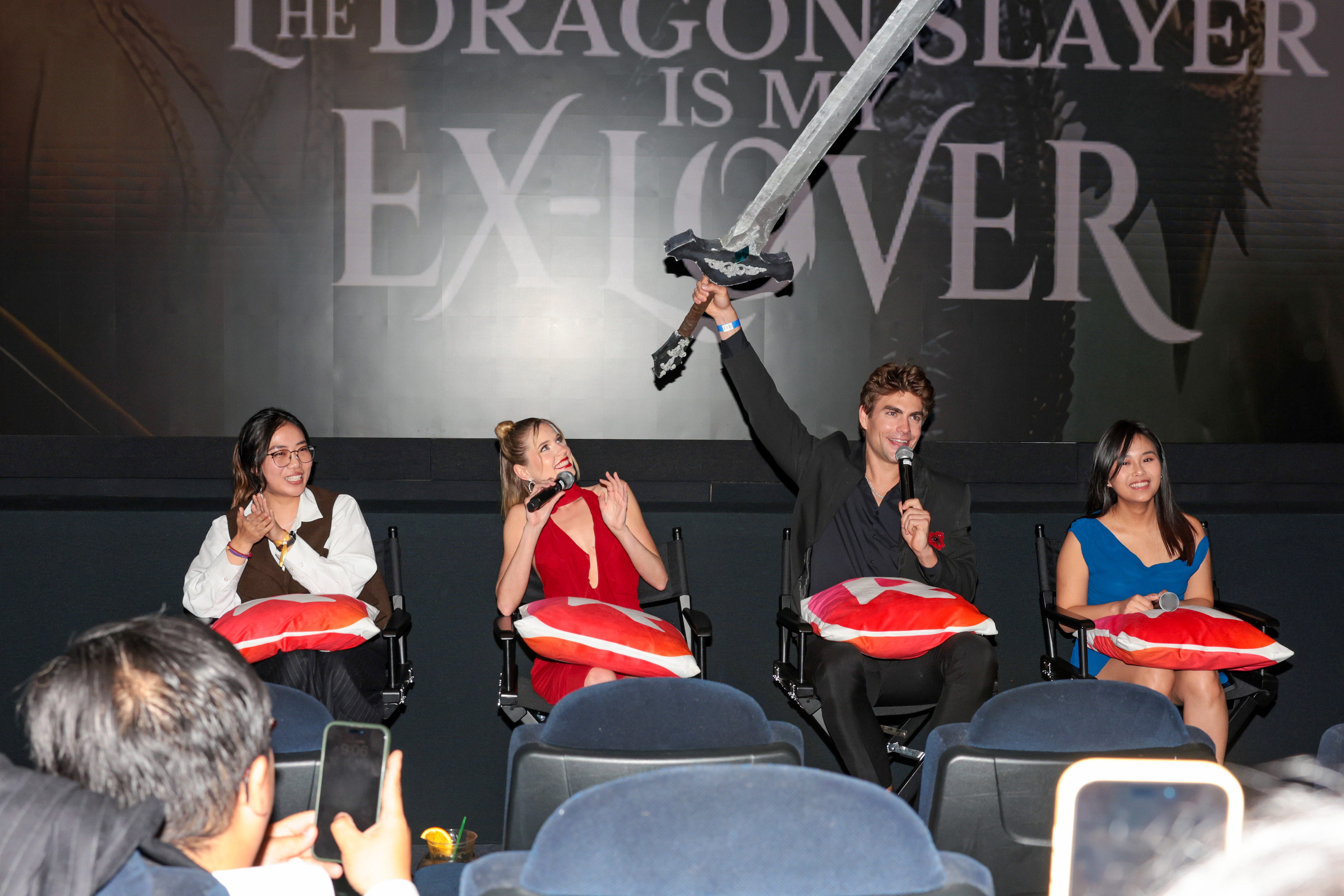 CULVER CITY, CALIFORNIA - APRIL 22:(L-R) Siyu Karneboge, Nicole Mattox, Seth Edeen and Bofan Zhang speak at the ReelShort Wings Of Fire Screening at The Culver Theater on April 22, 2025 in Culver City, California.