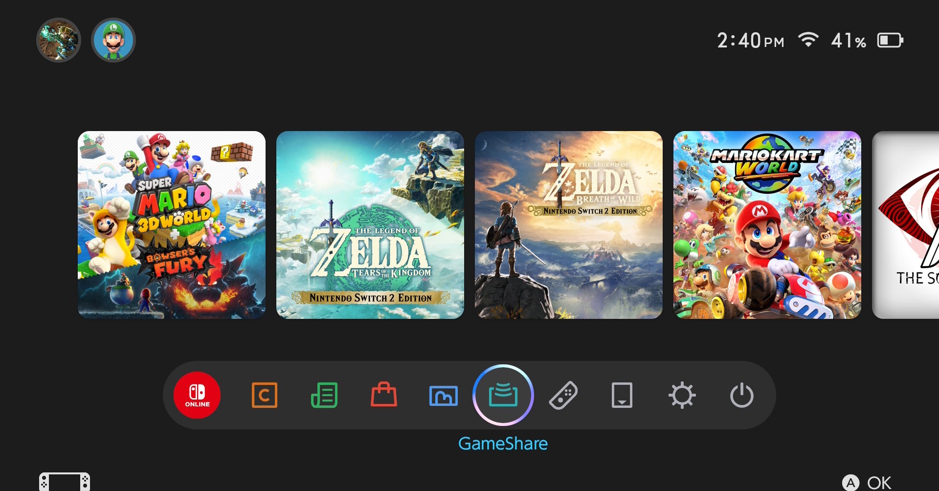 A Switch 2 menu screen with the GameShare option highlighted
