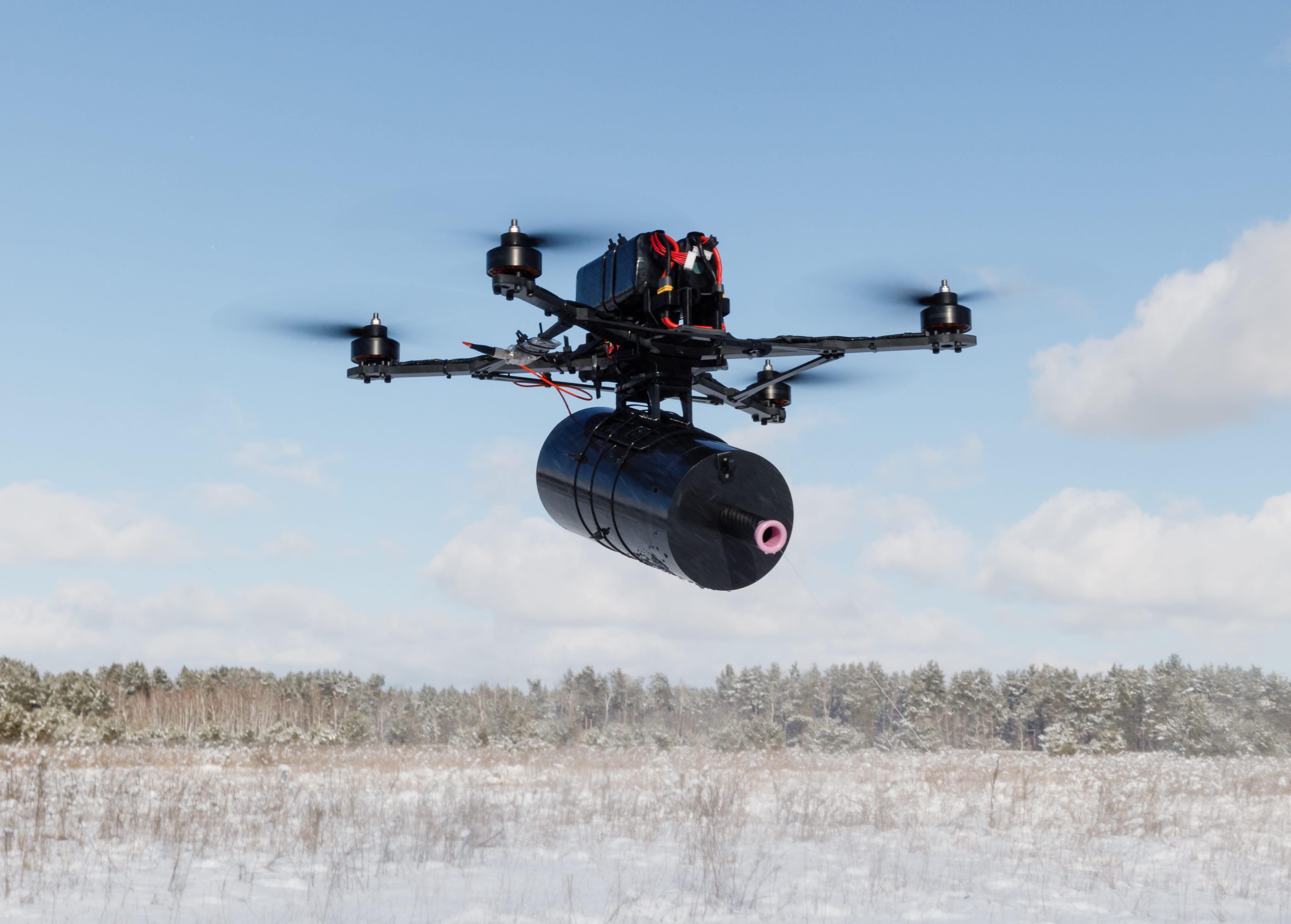 First Person View (FPV) drone controlled via fibre optics is seen during a test flight.