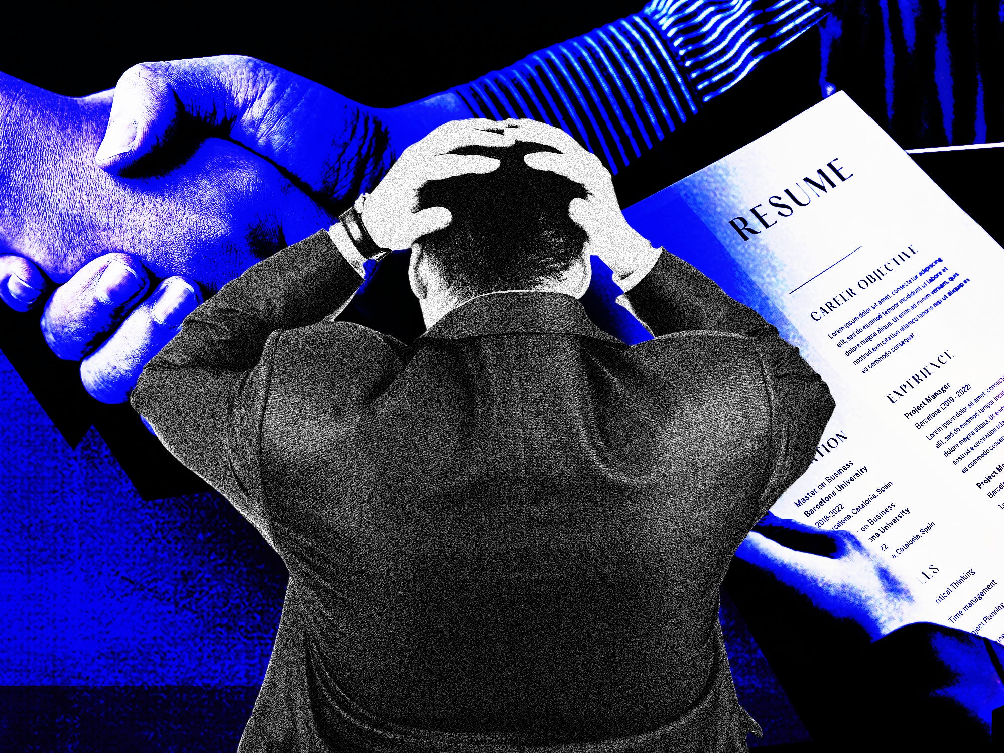 Frustrated private equity professional in a suit, standing in front of a dark, gloomy background with shaking hands, while another person holds a resume.
