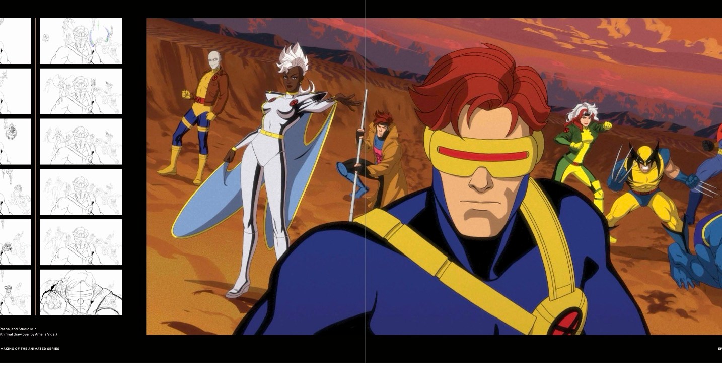 Cyclops stands in front of the X-Men, to the left are storyboards of the pose