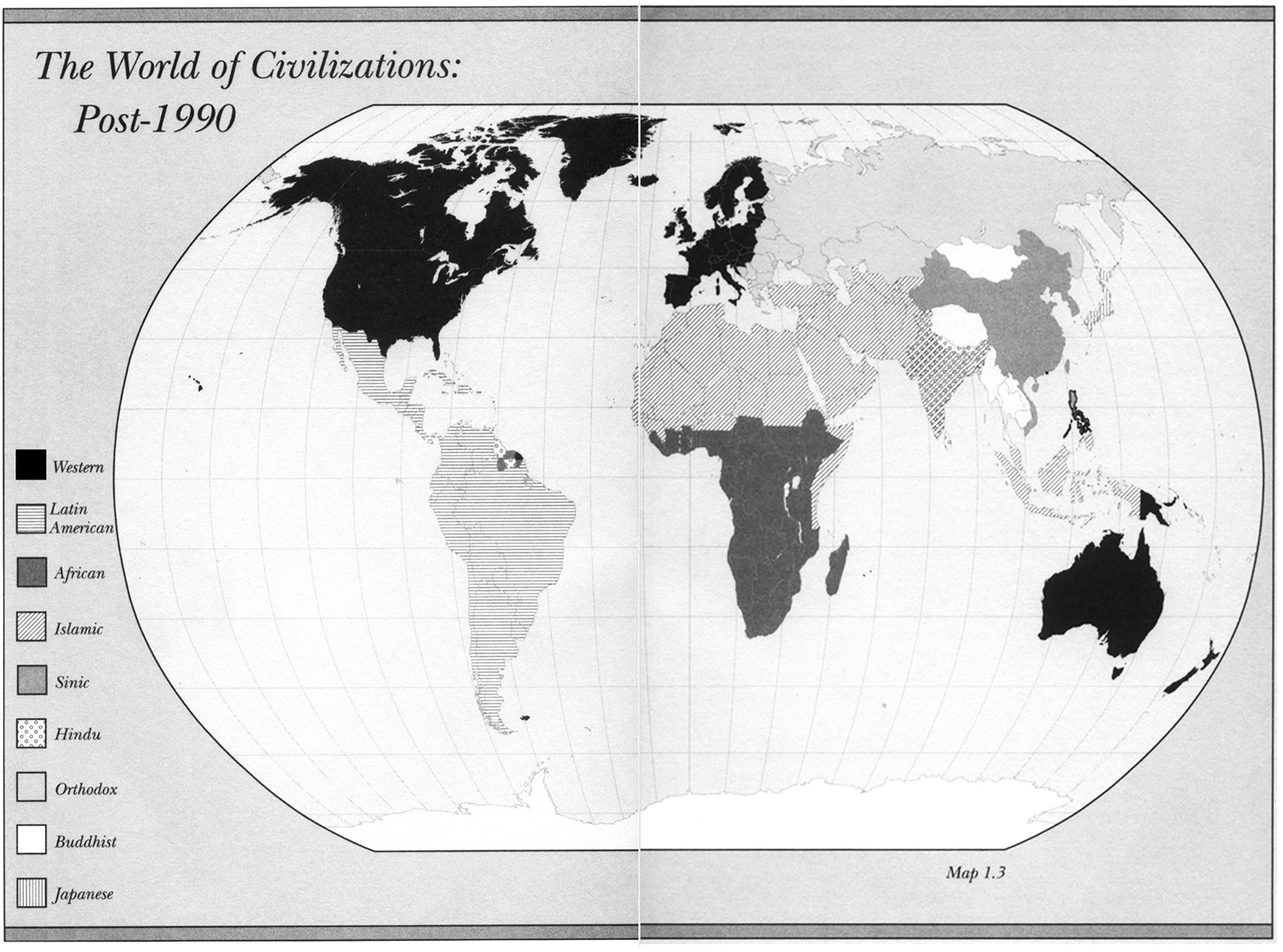 A world map printed in black and white shows divisions along religious and ethnic lines, which are categorized in groups labeled as Western, Latin American, African, Islamic, Sinic, Hindu, Orthodox, Buddhist, and Japanese.