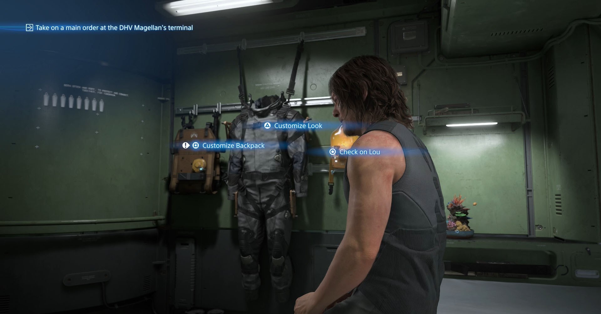 A Death Stranding 2 screenshot showing Sam Porter in his private room with his backpack and suit hanged on the wall beside him.