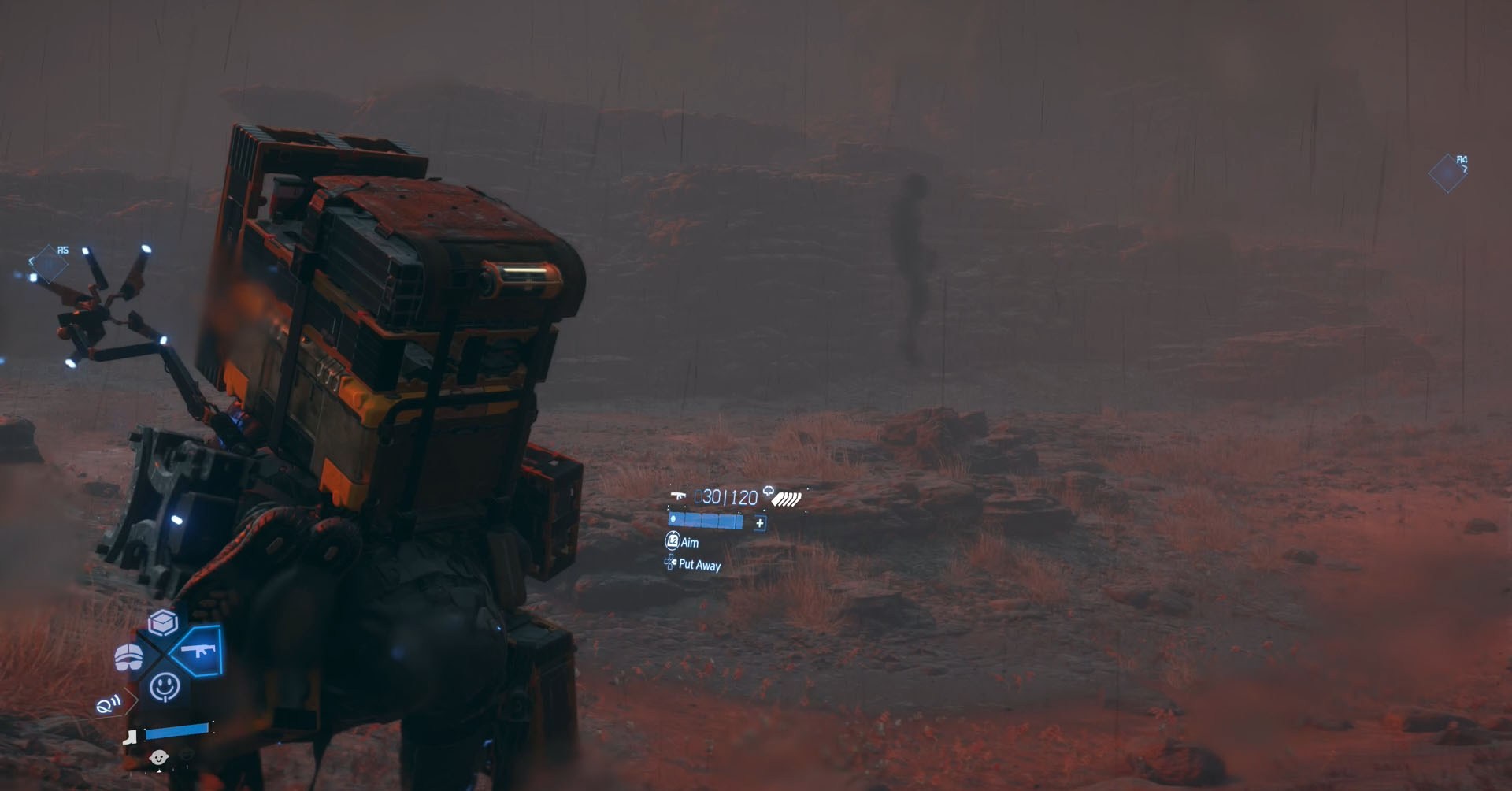 A Death Stranding 2 screenshot showing Sam in walking beside a BT