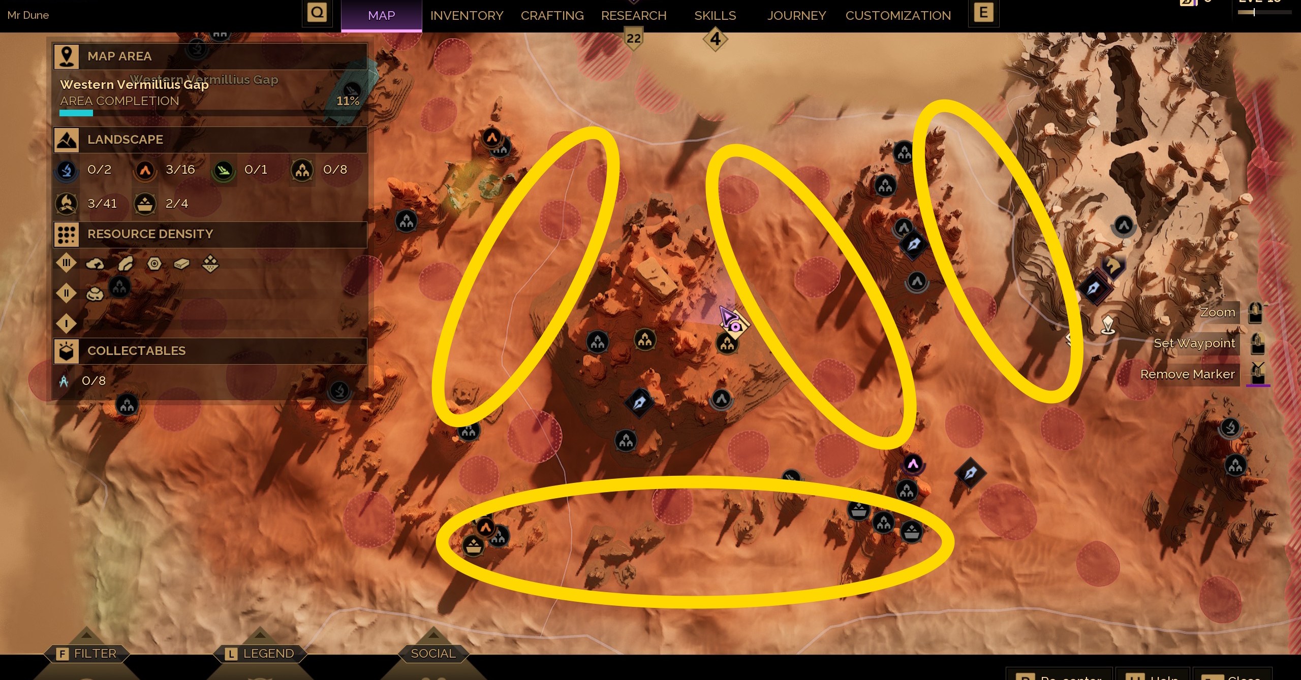 A map showing where to find Flour Sand spawn points in Dune Awakening