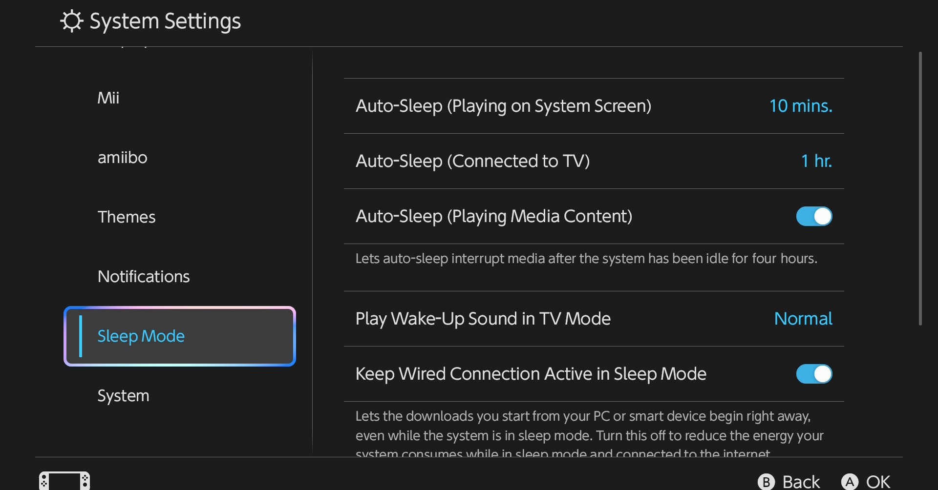 The sleep settings menu on Switch 2