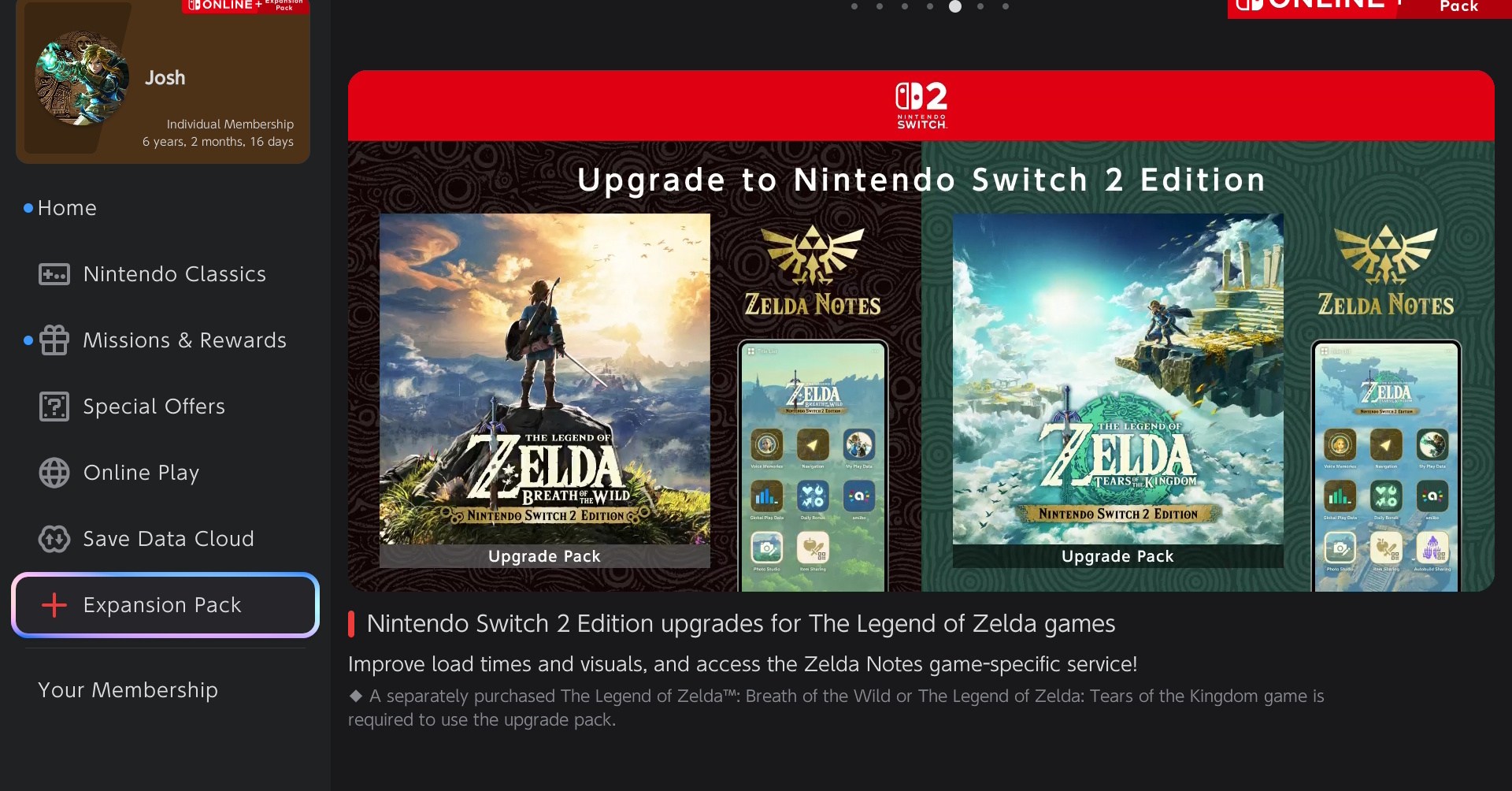 The Switch Online Expansion Pack menu showing Tears of the Kingdom’s and Breath of the Wild’s upgrade packs
