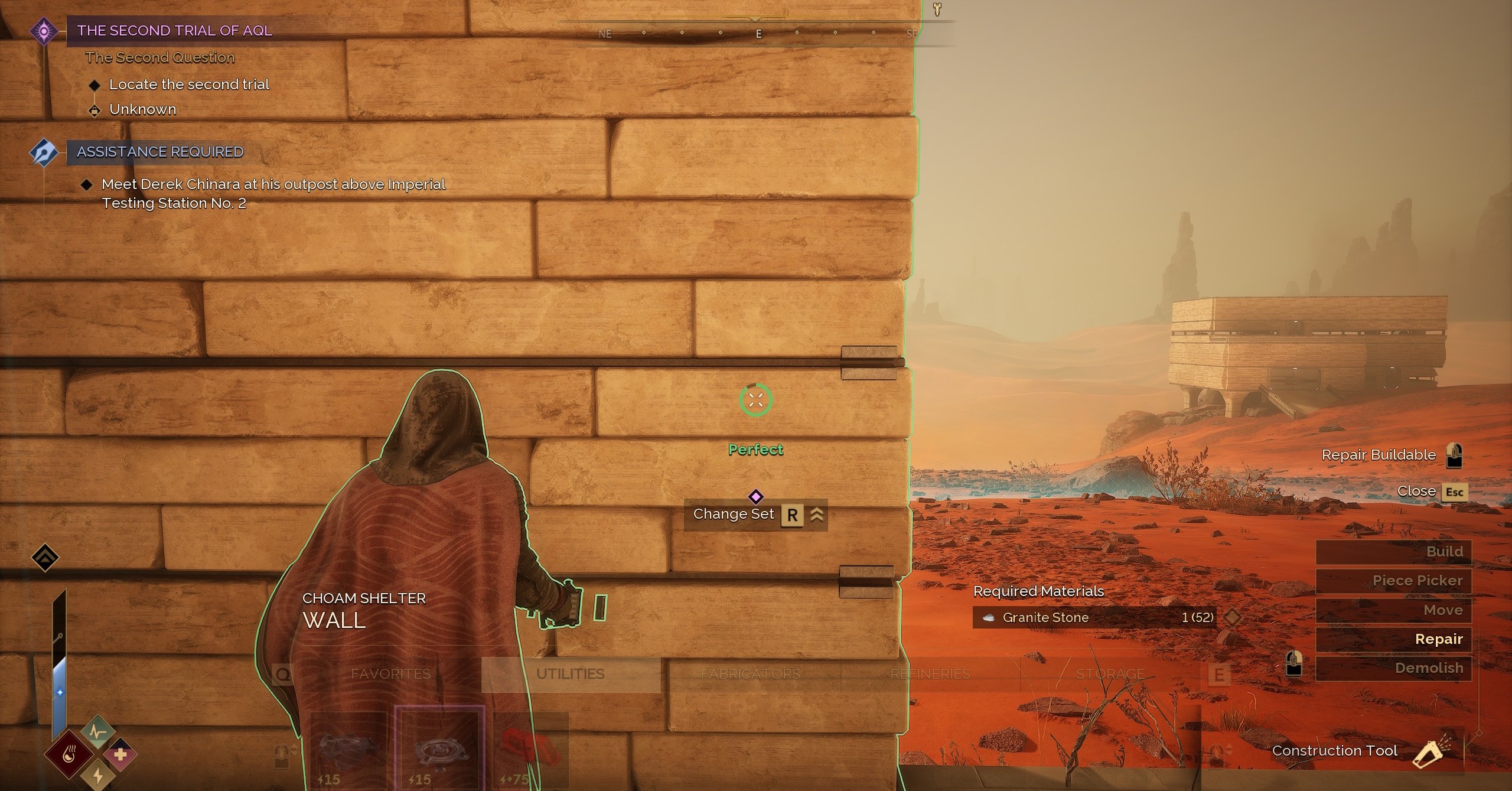 A Dune Awakening player pointing the construction tool’s repair function at a partially damaged wall.