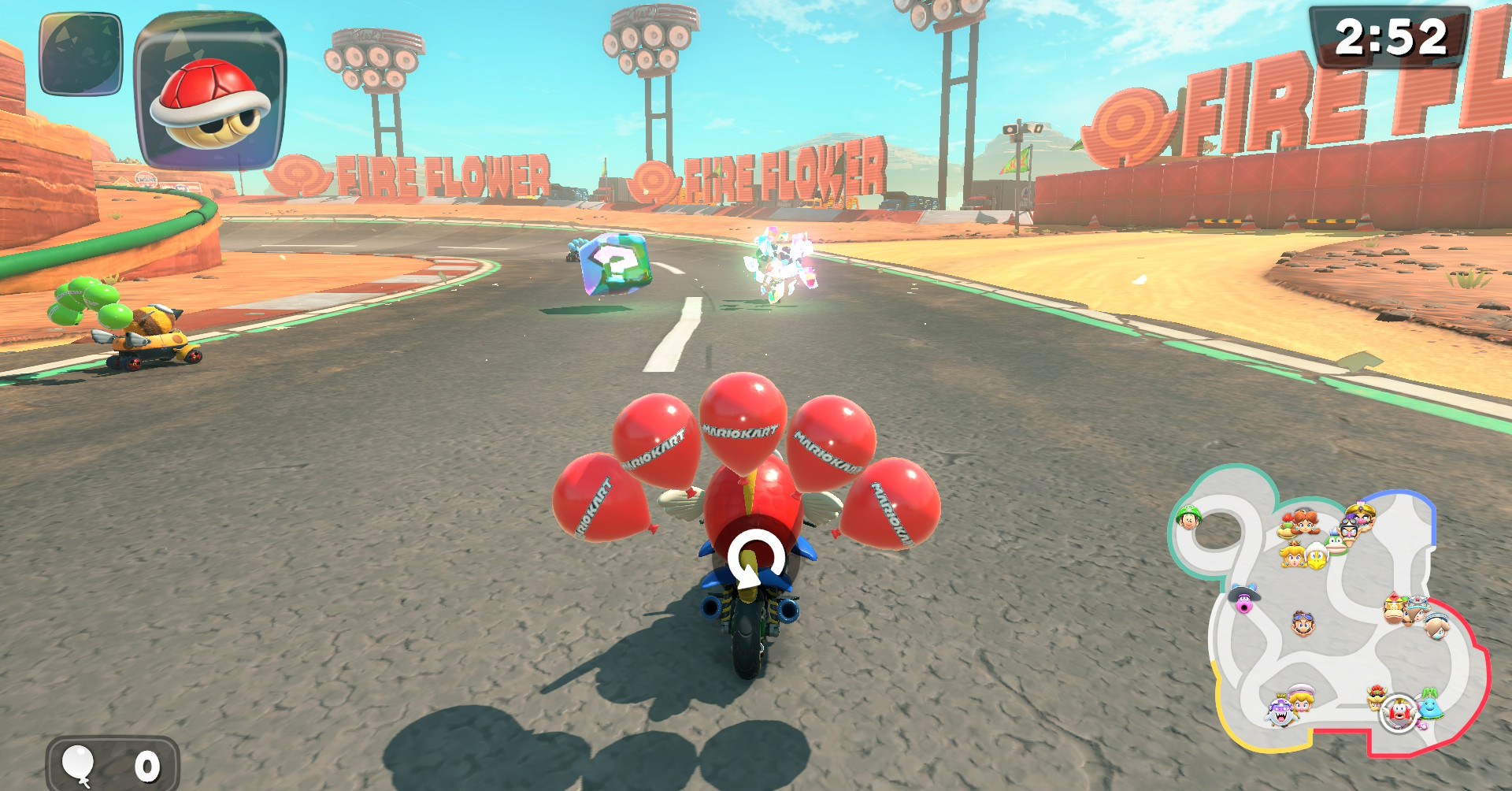A Cheep-Cheep rewinding time to avoid an obstacle in Mario Kart World’s battle mode